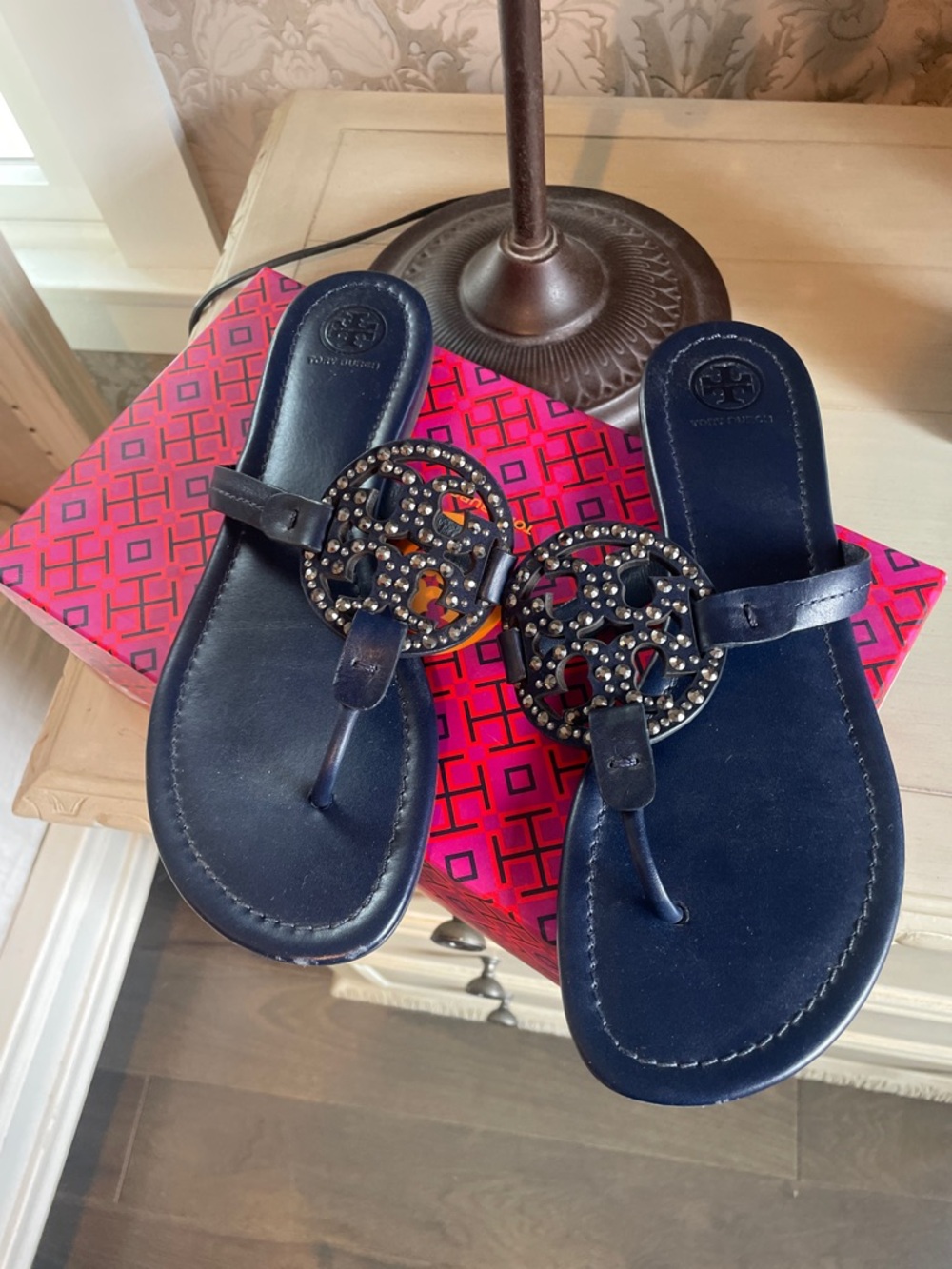 Tory Burch Navy Miller Embellished Leather Sandals Crystals Jeweled 10 Shoes